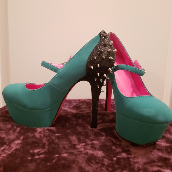 Teal & Black Studded Heels - Picture 4 of 4